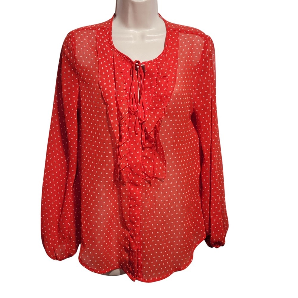 A.N.A Womens Size Medium Red White Stars Sheer Blouse Top Ruffle 4th of July USA